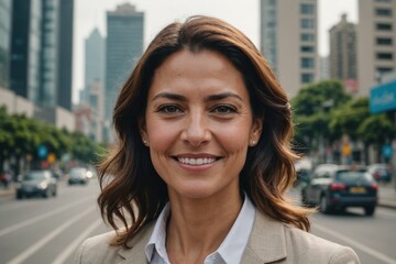 Wall Mural - Close portrait of a smiling 40s Colombian businesswoman looking at the camera, Colombian big city outdoors blurred background