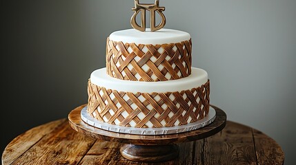 Elegant two-tiered wedding cake with a unique woven pattern, displayed on a rustic wooden cake stand.