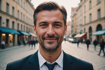 Wall Mural - Close portrait of a smiling 40s Croatian businessman looking at the camera, Croatian big city outdoors blurred background