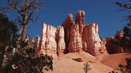 Wall Mural - Discover the breathtaking landscapes of Bryce Canyon featuring dramatic red rock formations, towering cliffs, and vast vistas under a clear blue sky, all captured from above.