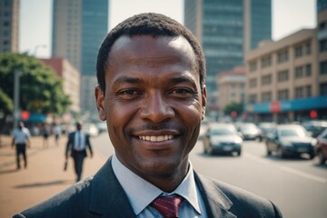 Wall Mural - Close portrait of a smiling 40s Eswatini businessman looking at the camera, Eswatini big city outdoors blurred background