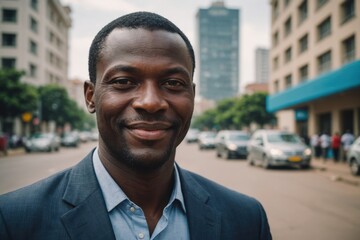 Wall Mural - Close portrait of a smiling 40s Ivorian businessman looking at the camera, Ivorian big city outdoors blurred background