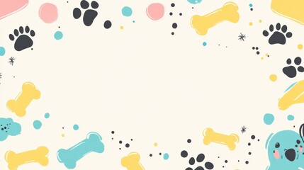 Poster - A colorful doodle banner with dog toys, bones, and paw prints creates a playful look ideal for pet events needing text space. Generative AI