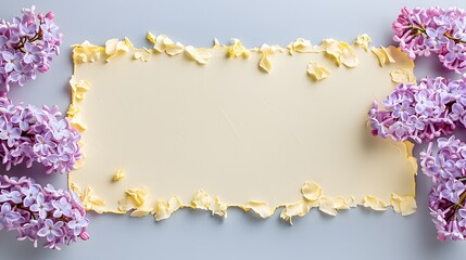 Wall Mural - Torn beige paper framed by yellow petal edges and purple lilac flowers on a light background. Flat lay composition with copy space. Elegant floral design for invitations and creative projects.

