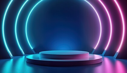 Aufkleber - Empty circular platform stage glows with neon blue, purple lights. Futuristic design. Minimalist scene. Abstract composition. Ideal for product presentation fashion showcase in modern studio. Digital