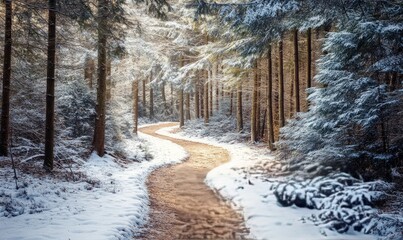 Wall Mural - Serene path winding through a winter forest adorned with snow-covered fir trees, perfect for nature hikes and scenic photography