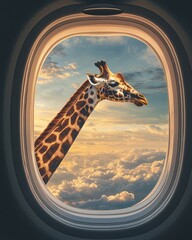 Wall Mural - A whimsical scene features a giraffe's head peeking through a plane window, creating a surreal visual experience. The clouds outside add depth to this unique perspective.