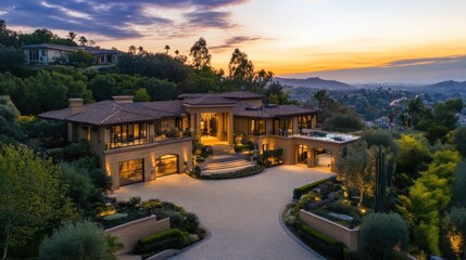 Wall Mural - Luxurious hillside mansion at sunset, showcasing expansive driveway, grand entrance, and infinity pool.