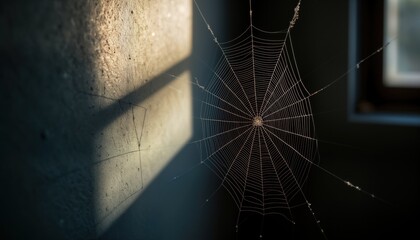 Aufkleber - Spider web casts shadow on aged wall. Sunlight creates intricate pattern. Grunge texture and details on wall. Empty space. Natural design element. Decorative aspect. Urban backdrop. Vintage style.