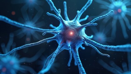 Poster - Detailed 3D render of nerve cell. Microscopic view shows intricate structure of neuron. Neural network connections shown. Close-up soma and. Illustrates biological activity, complex signaling