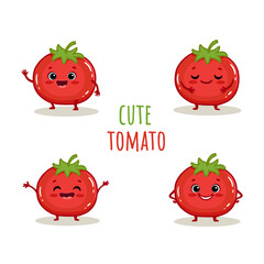 Wall Mural - set of Cute cartoon tomatoes characters with emotions. Cute tomato with smile isolated on white background. Tomato in different poses. Funny cartoon vegetables for menu, cards. Vector illustration.