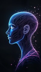 Poster - Abstract digital human avatar displays futuristic tech, cybernetic beauty. Profile view shows glowing lines forming face, head. Futuristic avatar seems connected to network. AI, cybernetic tech