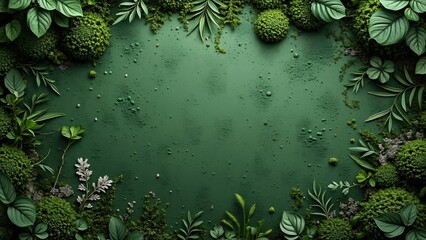 Wall Mural - Lush Green Foliage Frame, Tropical Plants & Moss on Dark Green Background