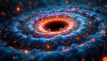 Fototapete - Neon-encoded equations swirl around dark central point. Bright colors, lines create dynamic motion. Abstract illustration with 3d effect suggests data absorption by black hole. Graphic beautiful,