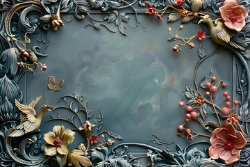 Wall Mural - Ornate floral frame with birds, pink and ivory flowers, and berries on a textured teal background. Elegant art nouveau-style composition with intricate botanical and decorative elements. Flat lay