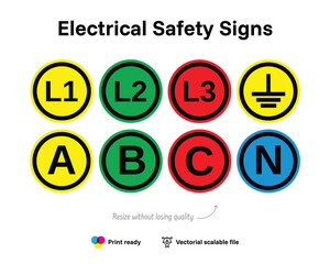 Wall Mural - Electrical safety signs. Phase marking. Vectorial quality file indicating electrical hazard and safety or precaution.