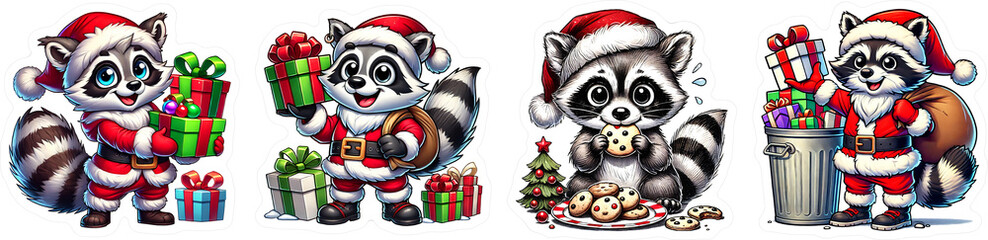 Festive Christmas raccoon stickers dressed as Santa, holding gifts, decorating trees, and enjoying holiday treats. Ideal for holiday cards, scrapbooking, crafts, and gift wrapping