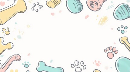 Poster - Colorful doodle artwork showcases dog toys, bones, and paw prints, providing plenty of empty space for custom text and messages. Generative AI