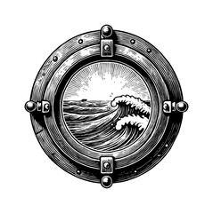 Wall Mural - ship porthole engraving black and white outline