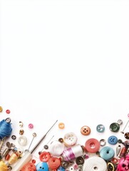 Poster - Colorful sewing essentials such as threads, needles, and various buttons are arranged on a white background, allowing for added text space. Generative AI