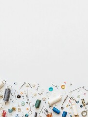Aufkleber - A collection of sewing essentials such as needles, threads, and buttons is artfully displayed on a white background, providing space for text. Generative AI