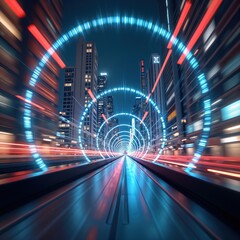 Aufkleber - Futuristic hyperloop train speeds through city tunnel at night. Digital rings of light blur city buildings. Fast transportation system shows advanced tech. Modern architecture, glowing circles