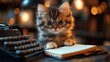 © Aleksandr - A cute cat wearing glasses and sitting at a desk with a typewriter and notebook.