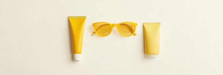 Aufkleber - Bright yellow sunglasses and sunscreen tubes arranged on a white background create a cheerful summer vibe perfect for outdoor activities. Generative AI