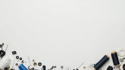 Poster - Sewing tools like needles, threads, and buttons are neatly arranged on a white surface, providing ample blank space for additional text or graphics. Generative AI