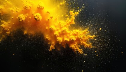 Leinwandbilder - Abstract art photo displays dark yellow, black color explosion. Deep rich tones, grainy texture create interesting visual effect. Colorful particles, dusts spread on black background. Graphic design