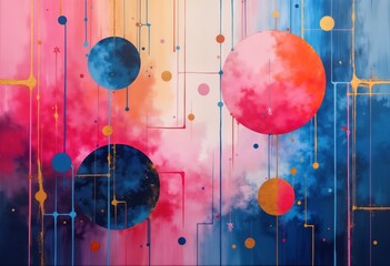 Poster - Abstract artwork with pink, blue hues displays dynamic composition. Golden dots, geometric circles add visual interest. Fluid lines, drips create surreal effect. Vibrant colors blend seamlessly in