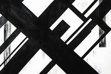 Abstract black and white geometric composition with intersecting lines and shapes.