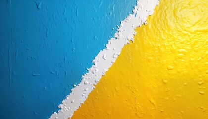 Fototapete - Abstract textured wall with vibrant blue, yellow paint. White paint streaks create uneven pattern. Colorful background with rough surface. Colorful design elements. Great for interior design