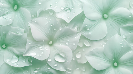 Wall Mural - Seamless pattern with celadon green flower and water drops on blurred background. generative ai. celadon. illustration. Celadon. Illustration