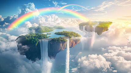 Sticker - A surreal landscape with floating islands, waterfalls cascading into the clouds, and a vibrant rainbow