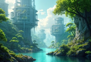 Fototapete - Futuristic city structures merge with nature in surreal landscape. Floating, cylindrical buildings perch amidst rich plants, serene river. Organic, tech elements blend harmoniously. Serene panorama