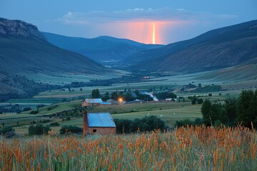 Wall Mural - A lone brick house in a valley with a sunbeam shining through clouds at dusk