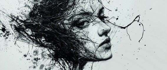 Wall Mural - Abstract portrait of a woman with expressive features surrounded by intricate ink splashes, emphasizing creativity and emotional depth.