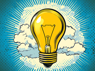 Aufkleber - Bulb with clouds pop art retro, comic book style imitation