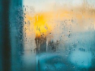 Poster - Close-up of double-glazed window condensation caused by excessive moisture in the house in winter occurs when the seal between panes is broken or desiccant inside the window
