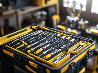 Aufkleber - Close , up view of a toolbox at a mechanic's shop, focusing on the tools inside