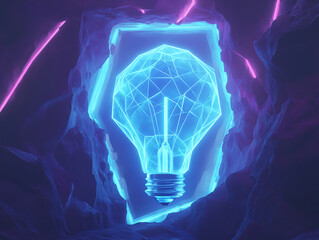 Aufkleber - Abstract blue glowing light bulb, low-poly style, abstract neon frame style