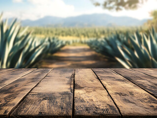 Poster - A close up of a rustic empty wooden table with blurred farm background