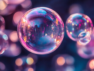 Poster - Colorful pink and blue abstract background with floating transparent soap bubbles