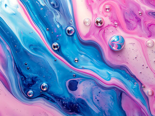 Poster - Colorful pink and blue abstract background with floating transparent soap bubbles