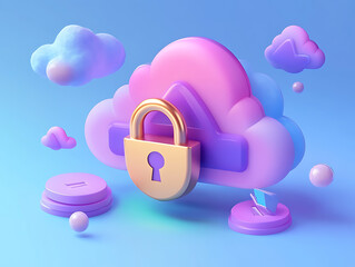 Leinwandbilder - Abstract illustration of cloud security services, stylized cloud icon integrated with a secure padlock symbol, representing data protection and cybersecurity in cloud computing environments
