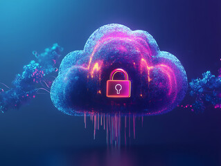 Aufkleber - Abstract illustration of cloud security services, stylized cloud icon integrated with a secure padlock symbol, representing data protection and cybersecurity in cloud computing environments
