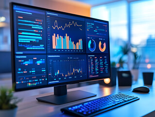 Leinwandbilder - Computer monitor displaying an abstract network monitoring dashboard with real-time data analytics, graphs, and system health indicators