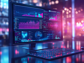 Poster - Computer monitor displaying an abstract network monitoring dashboard with real-time data analytics, graphs, and system health indicators