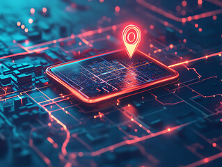 Fototapete - Concept of geofencing, featuring a digital map with virtual boundaries, a location pin, and a mobile device showcasing a geofencing app